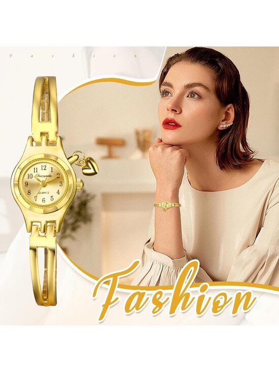 Womens All Gold Analog Quartz Stainless Steel Heart Pandant Bracelet Wrist Watch main image 5